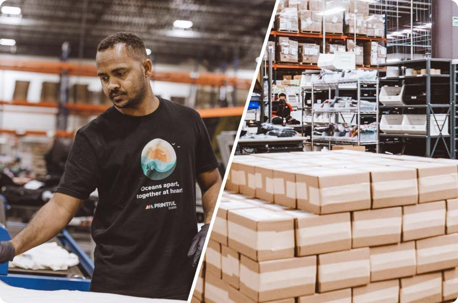 a man in a warehouse on the left and a pile of boxes on the right