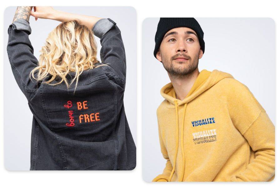 embroidered denim jacket and sweatshirt