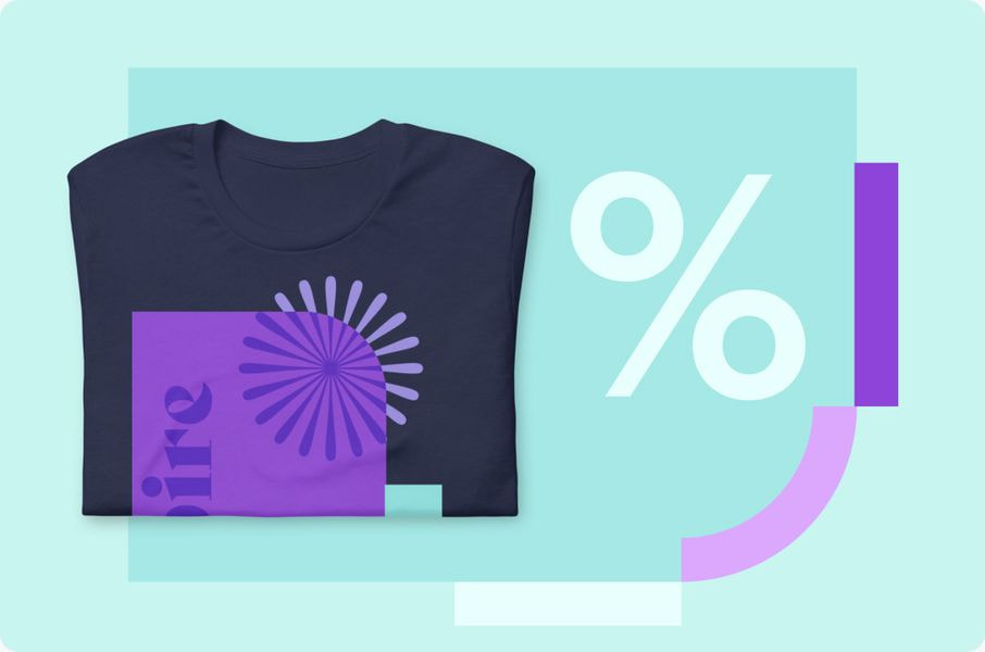 an abstract composition with a custom printed shirt and a geometric element that has a percentage symbol on top of it