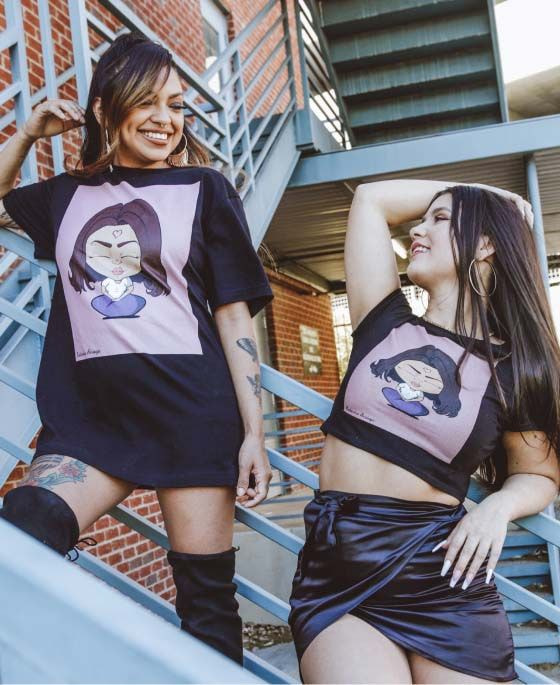 two printful customers wearing matching custom t-shirts