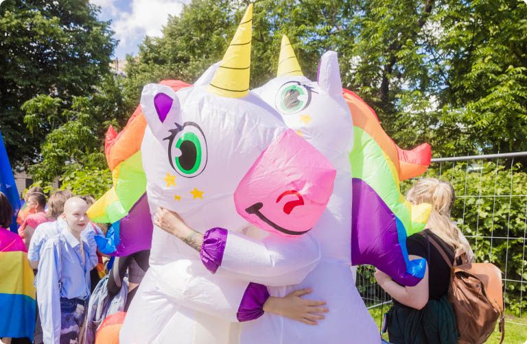 a person hugging a unicorn